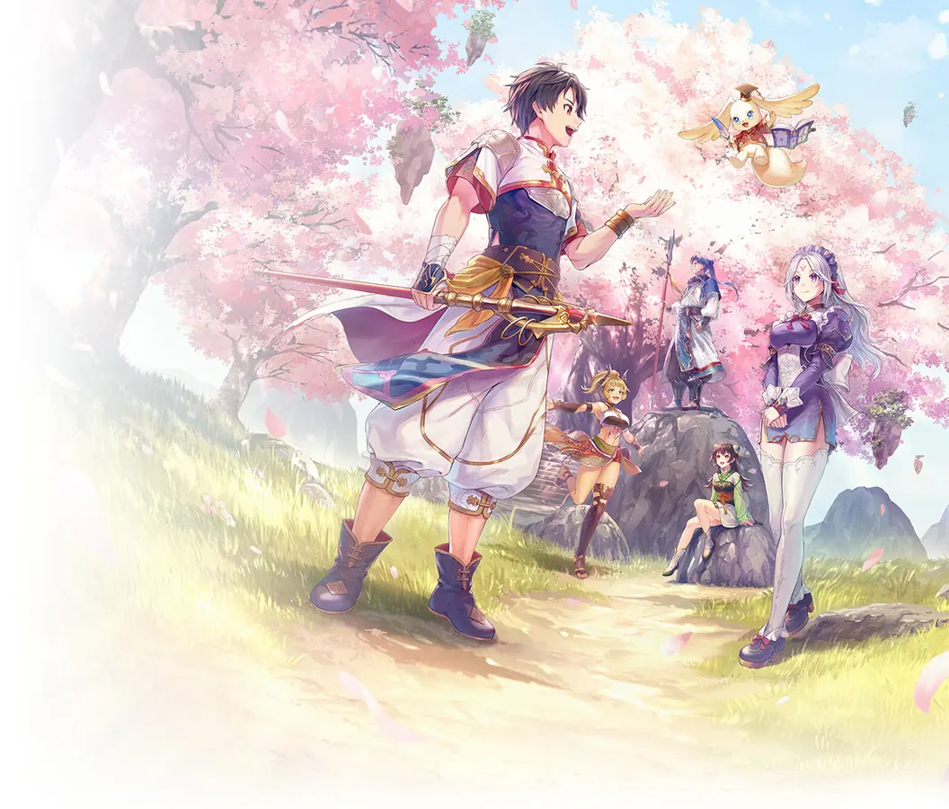 幻想水滸伝 STAR LEAPの公式キービジュアル。桜の下を歩く主人公と仲間たち